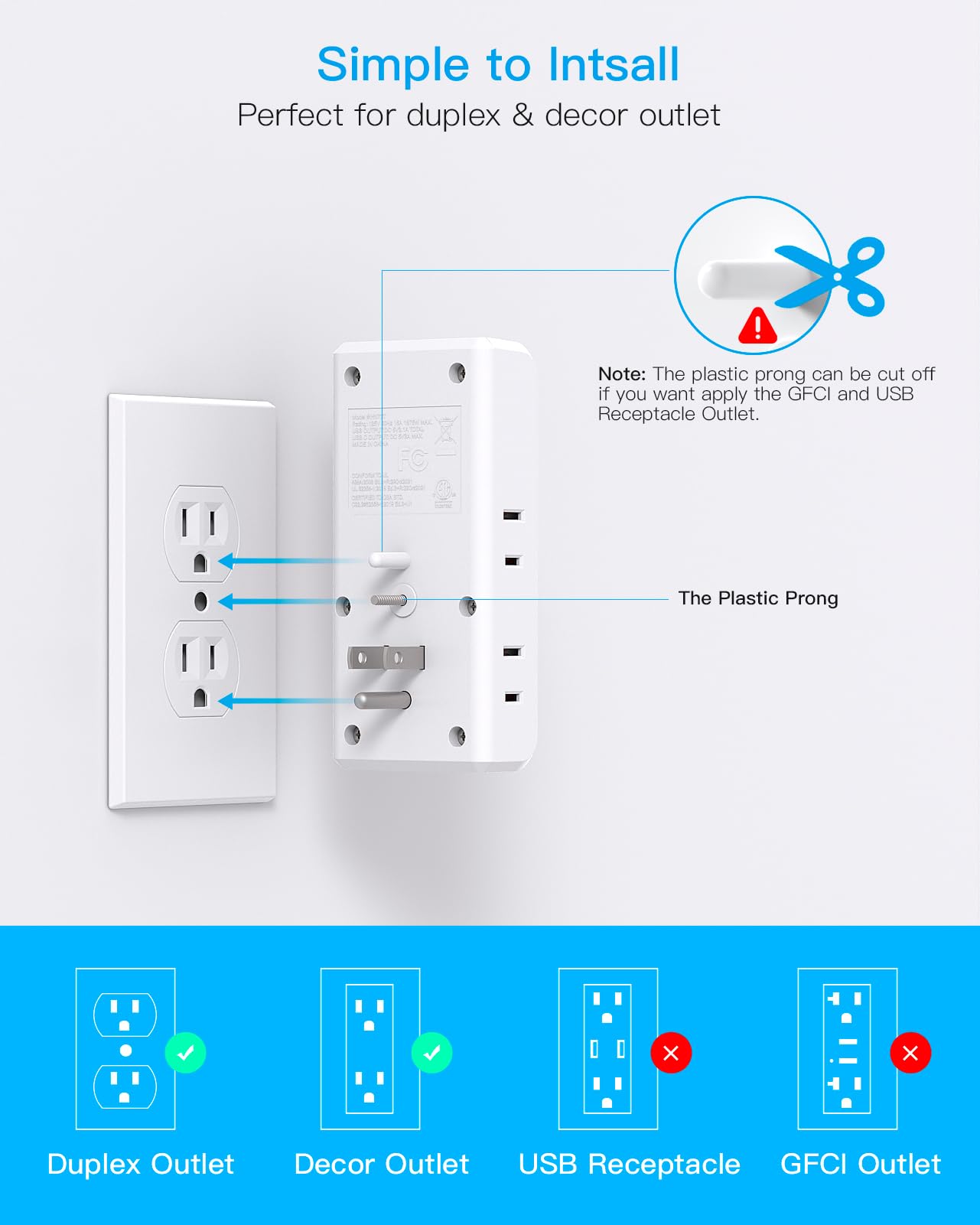 Multi Plug Outlet Extender, HANYCONY 6 Electrical Outlet Splitter 3 USB Ports(2 USB C), Power Strip Multiple Wall Outlet Adapter Expander for Home Office Travel College Dorm Room Essentials, White