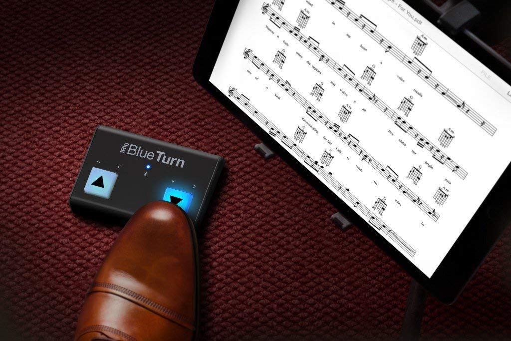 IK Multimedia iRig BlueTurn wireless page turner, backlit silent foot switches, Bluetooth LE, iPhone iPad Mac, pedal board with 3 mode configurations for sheet music, music stands, keynote controller