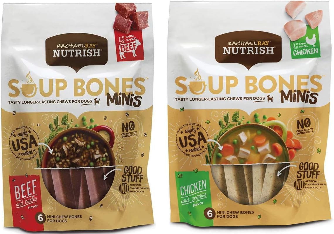 Variety Rachael Ray Nutrish Soup Bones Minis Dog Treats For Smaller Dogs Real Beef & Barley and Real Chicken & Veggies - Each Pack 4.2 oz/ 6 Chew Treats (Minis) by Rachael Ray