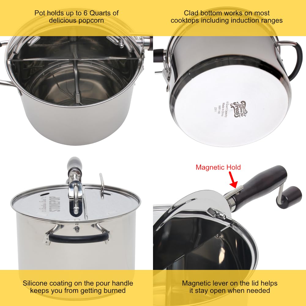 StovePop Stainless Steel Popcorn Popper - Gearless Hand Crank, Magnetic Lid, 6 Qt - Induction Range Compatible