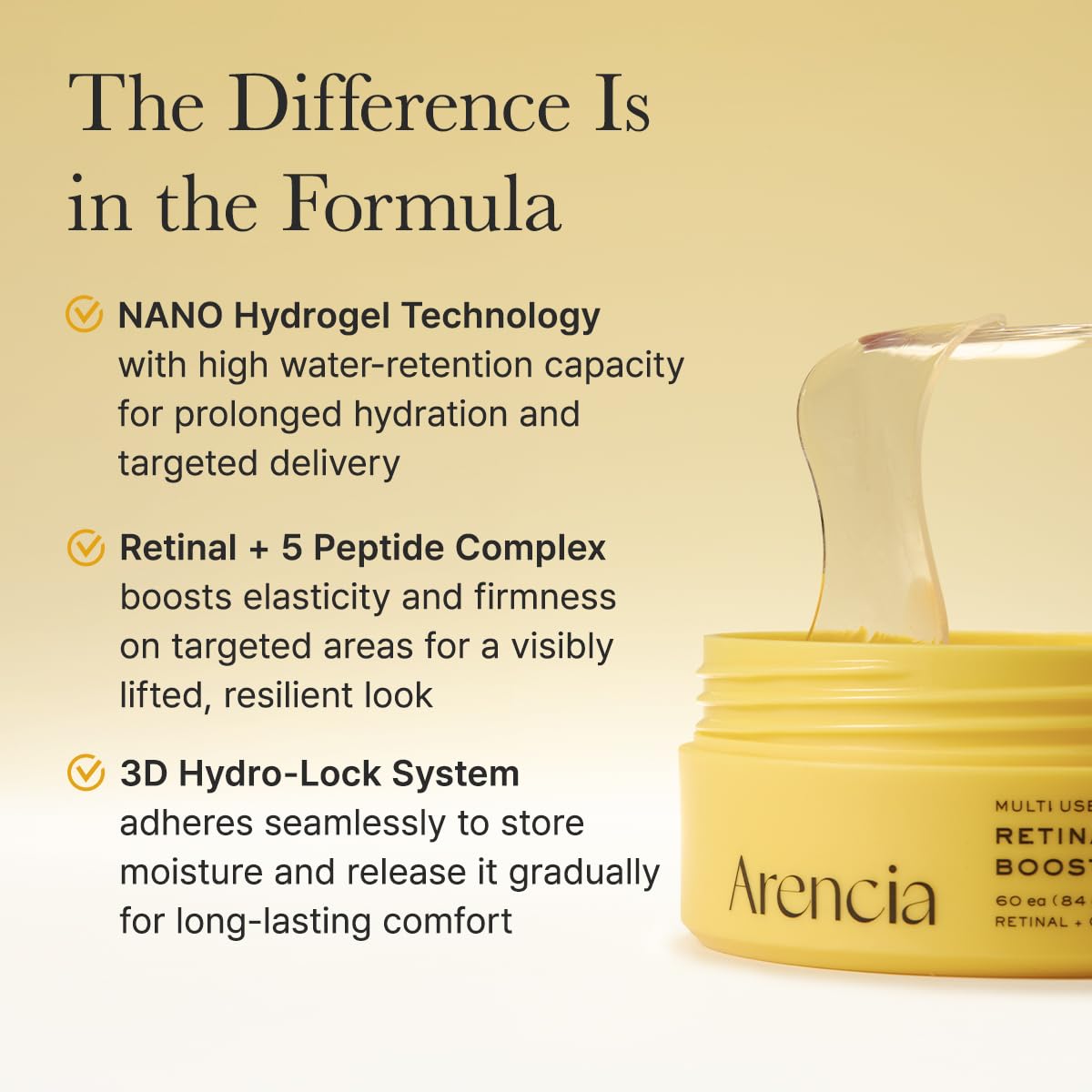 ARENCIA Retinal Boosting Eye Patch, Hydrogel Under Eye Mask with Peptides for Dark Circles, Puffiness, Fine Lines, 60 Patches, 2.96 oz