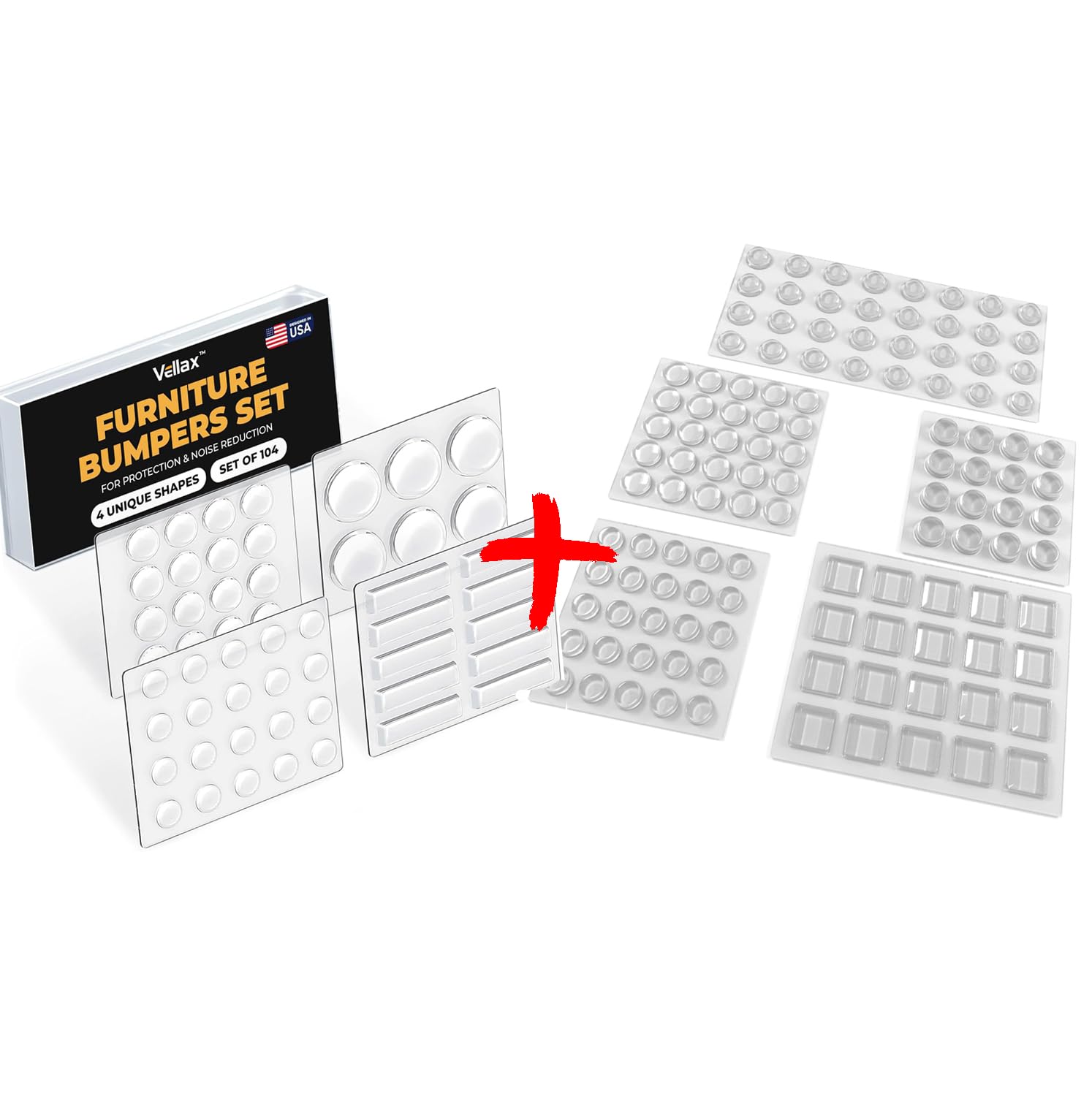 Vellax 118 & 104 Clear Cabinet Bumper Pads - Self-Adhesive Silicone Set with 5 Shapes for Doors, Drawers & Furniture – Sound Dampening Pads for Surface Protection