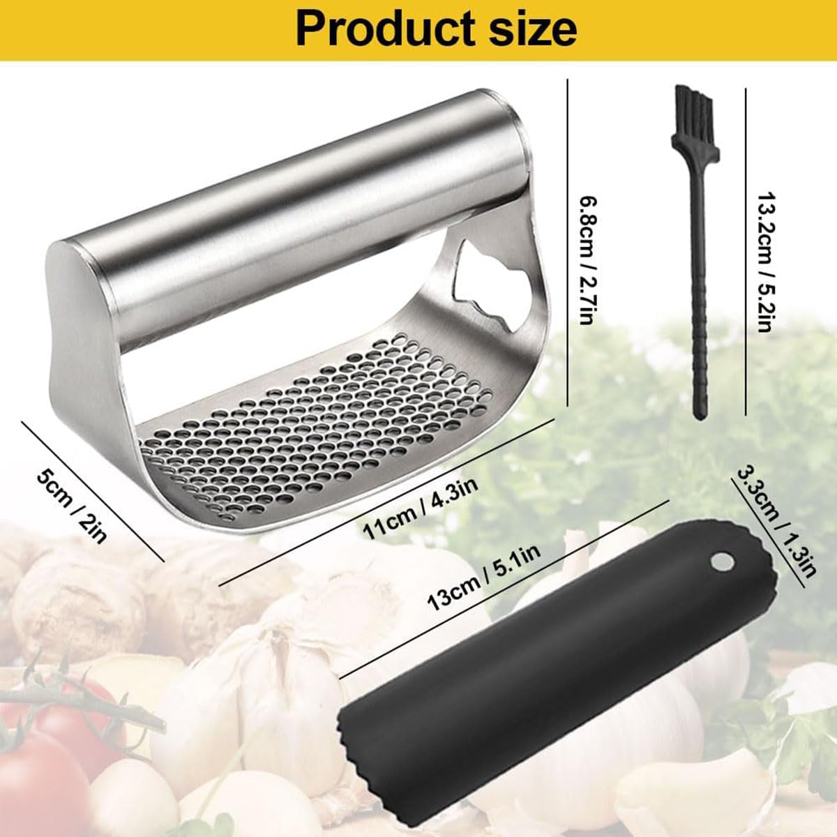 Garlic Presses,Stainless Steel Garlic Presser, Garlic Press Rocker Heavy Duty Stainless Steel Garlic Mincer, Garlic Chopper with Peeler And Cleaning Brush for Smash Garlic Kitchen Tools(1Set)