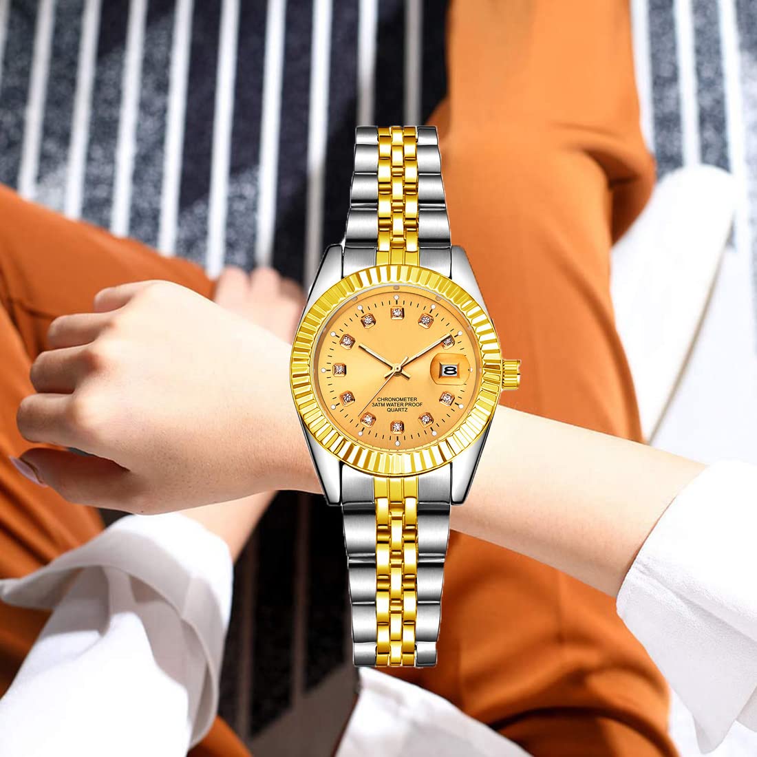 BESTKANG Luxury Womens Quartz Analog Watches Rhinestone Calendar Waterproof Luminous Gold Silver Two Tone Stainless Steel Watches (Silver Gold)
