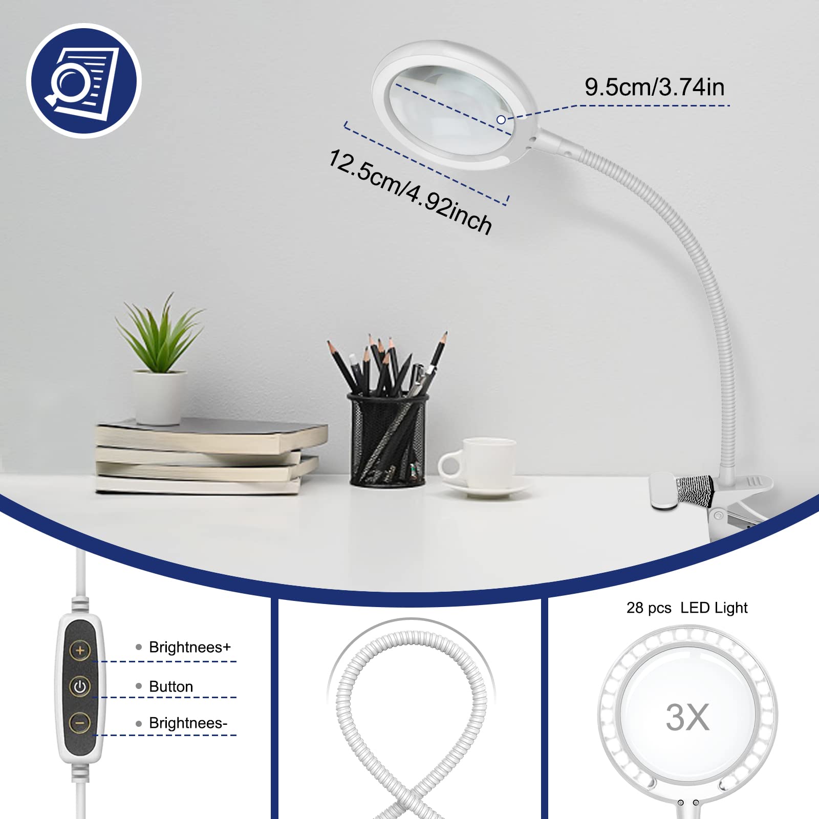 Delixike Magnifying Glass with Light and Stand, 3X Magnifier with Clam, Desk Magnifying Lamp for Crafting, Reading, Sewing, Hobbies, Close Work