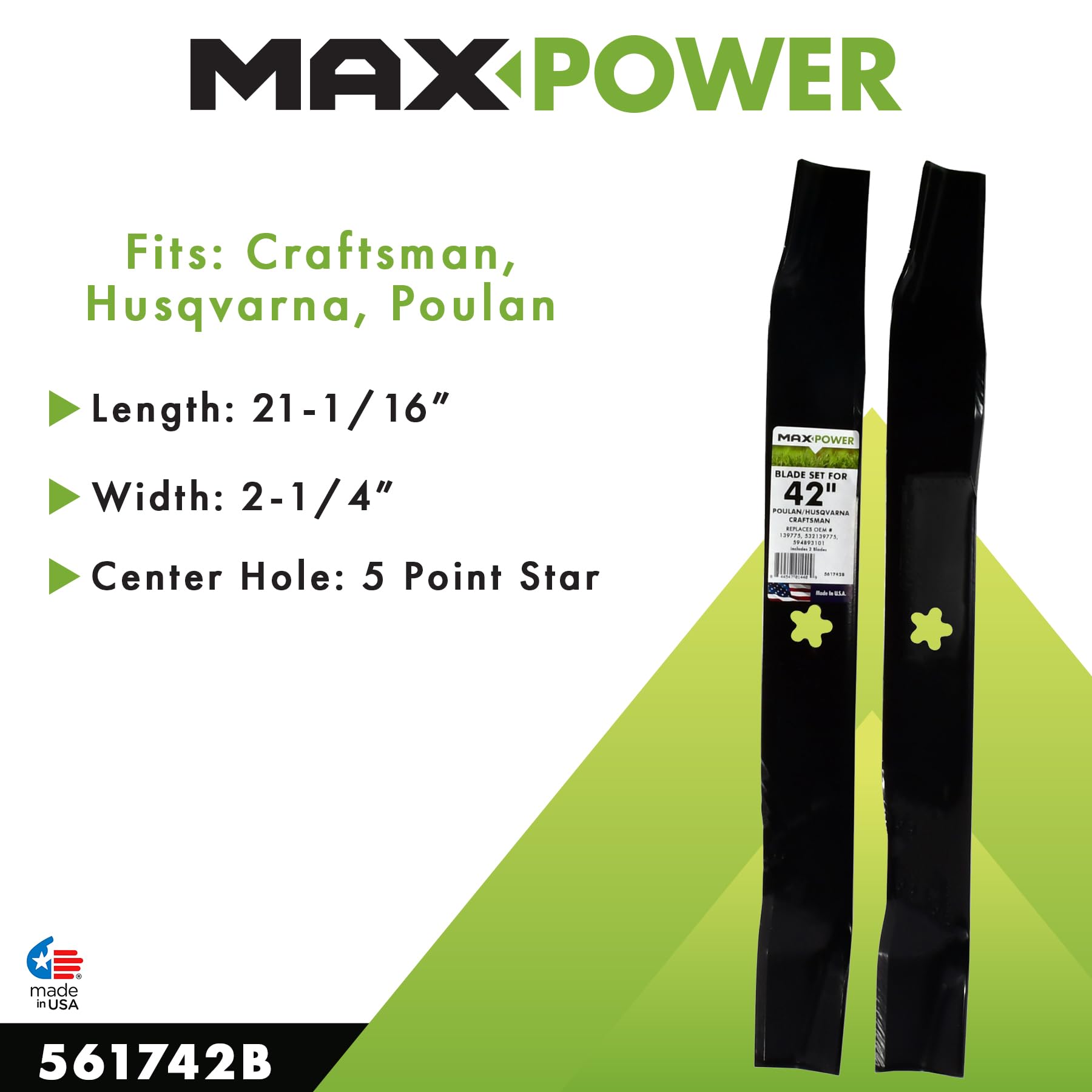 MaxPower 561742B 2 Blade 3-N-1 Style for 42 Inch Cut Replaces Craftsman/Husqvarna/Poulan OEM #'s 139775, 532139775, Black