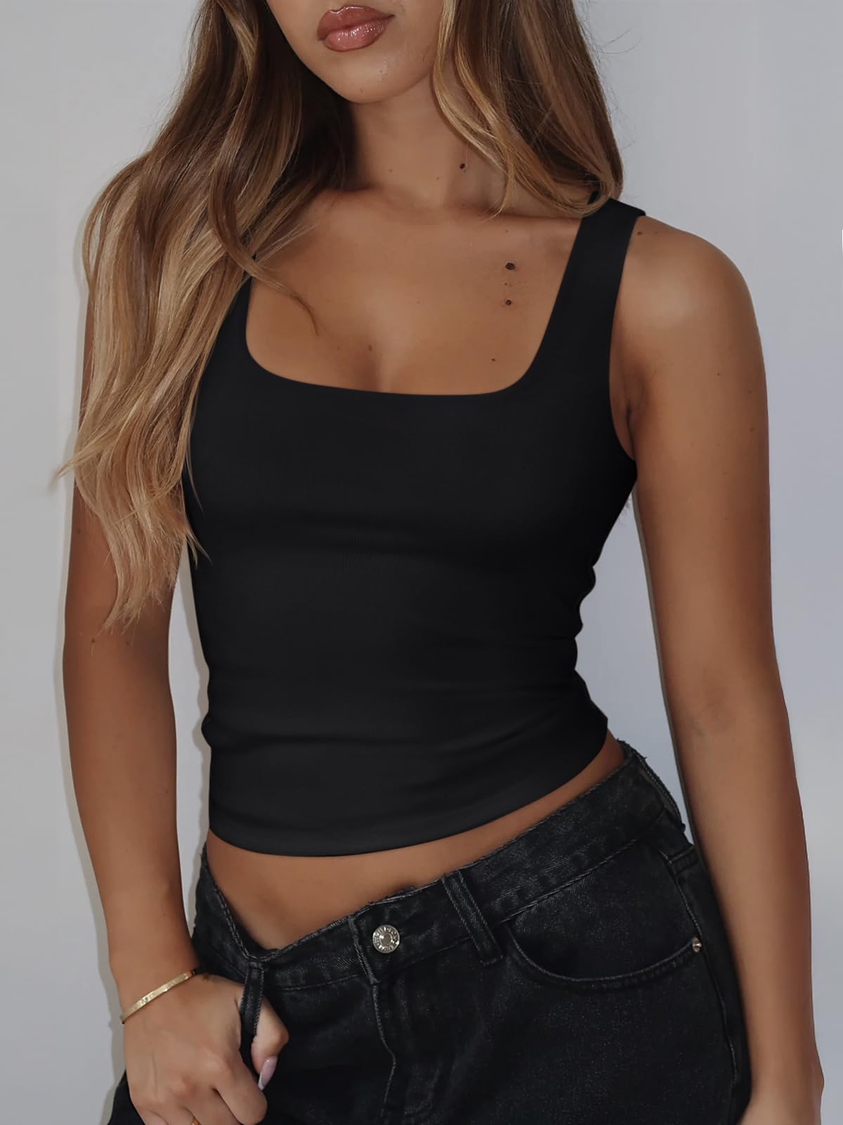REORIA Women's Square Neck Tank Top Sleeveless Double Lined Basic Crop Tops Summer Going Out Outfits Black Small