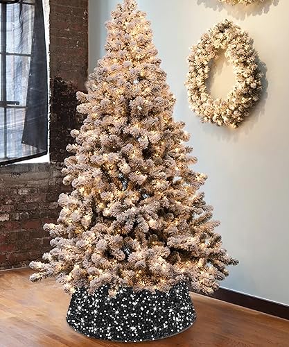 MODFUNS Sequin Christmas Tree Collar Black Glitter Christmas Tree Stand Base 24 Inch Velvet Tree Collar Skirt Sequins Xmas Tree Ring Shimmer Sequin Tree Skirt for Winter Holiday Christmas Tree Basket