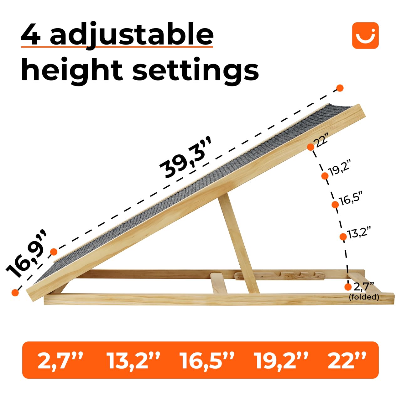 Adjustable Ramp for All Pets, Lightweight Ramp for Large or Small Dogs, Foldable Dog Ramp with Non-Slip Surface, Indoor Dog Ramp for Couch or Sofa, Portable Car Pet Ramp