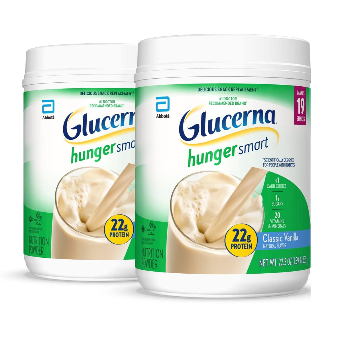 Glucerna Hunger Smart Powder, Diabetic Drink to Support Blood Sugar Management, 22g Protein, 130 Calories, Classic Vanilla, 22.3-oz Tub, 2 Count