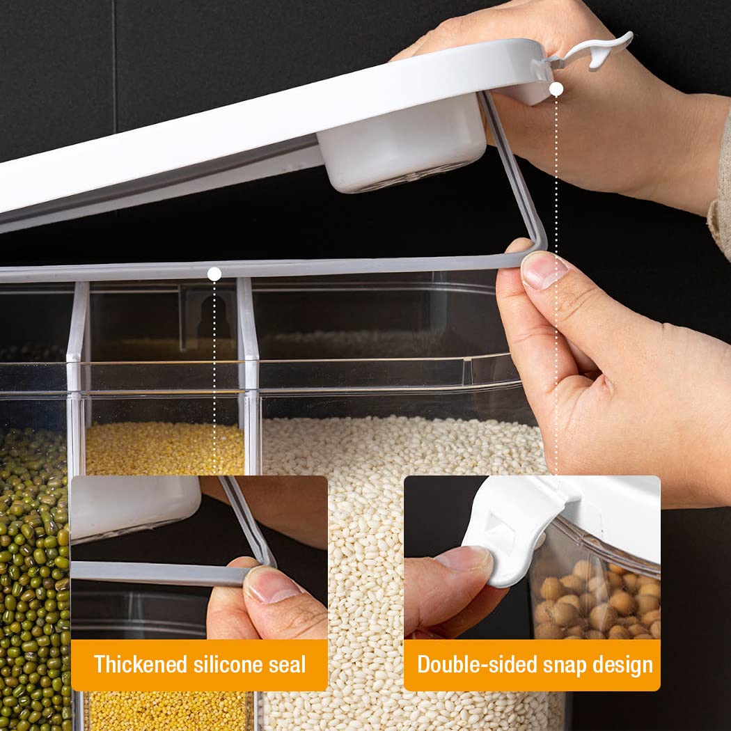 Conworld Dry Food Dispenser, Wall mounted 5 Grid Grain Dispenser, Rice Dispenser 25 Pounds Kitchen Storage with Measuring Cup, Not Suitable for Cereal, Cashews, Trail Mix, Suitable for Rice, Beans