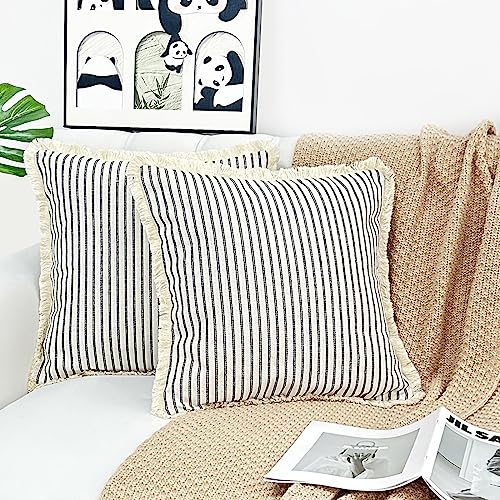 LMYUHONG Linen Throw Pillow Covers 18x18 Set of 2, Black Striped Beige Pillow Covers with Fringe, Boho Decorative Pillows Cover Farmhouse Square Cushion Case for Sofa Couch Bed Living Room Decor