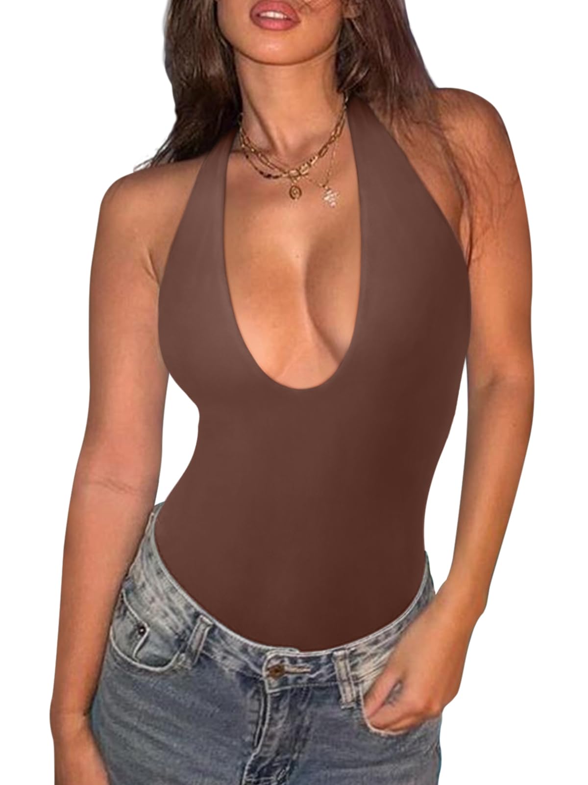 REORIA Bodysuits for Women Halter Tops 2025 Summer V Neck Backless Body Suits Tank Top Trendy Fashion Clothing Coffee X-Large