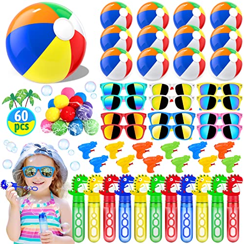 Mega Pool Party Beach Party Favors-60Pcs Party Bag Stuffers for Kids Beach Balls Bulk, Kids Sunglasses, Bubble Wands, Summer Toys for Party Supplies Birthday, Pool Beach Toys for Kids Ages 3 4 5 6 7 8