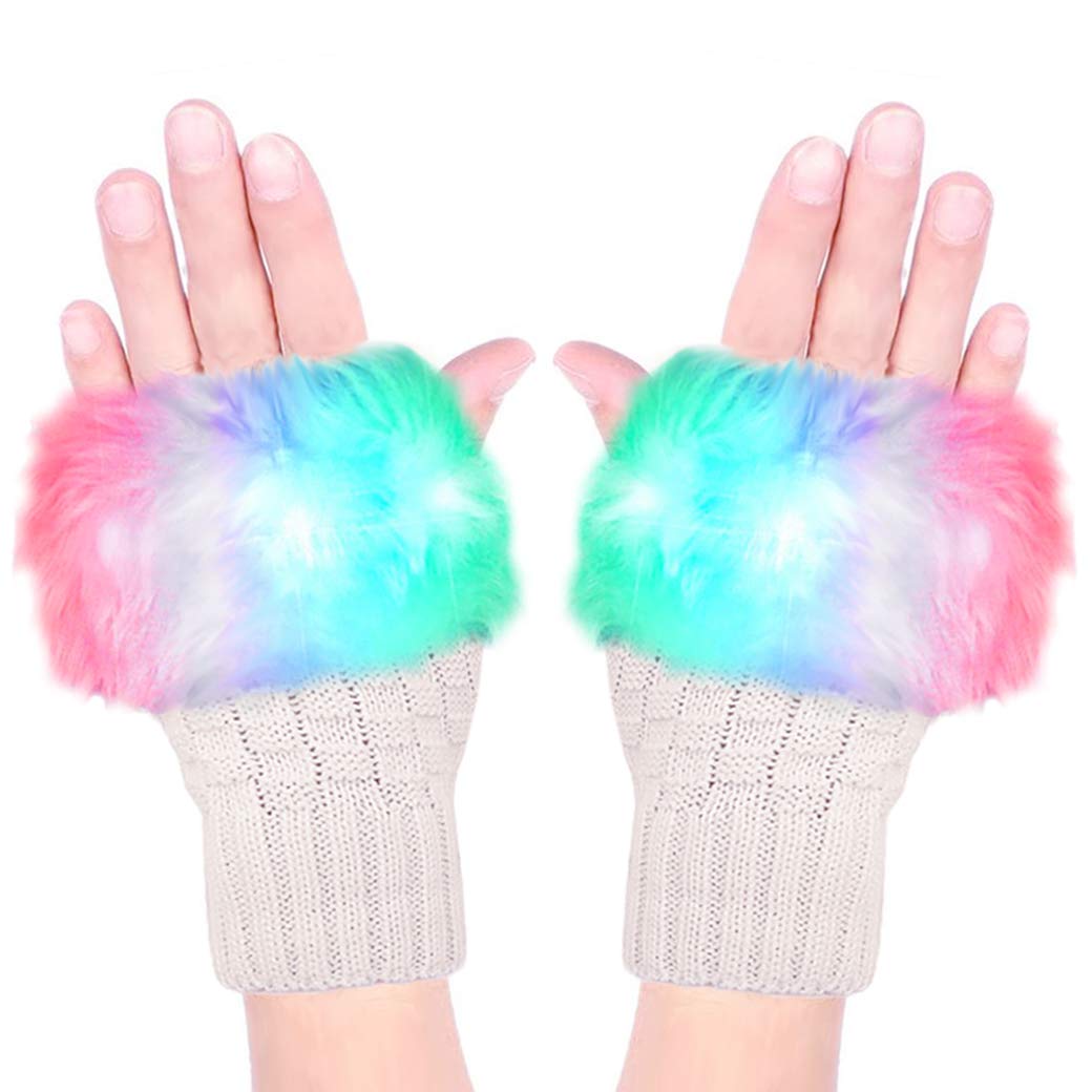 Luwint LED Glow Blink Fur Fingerless Knit Gloves - Funny Light Up Mitten for Party Christmas Halloween Costume