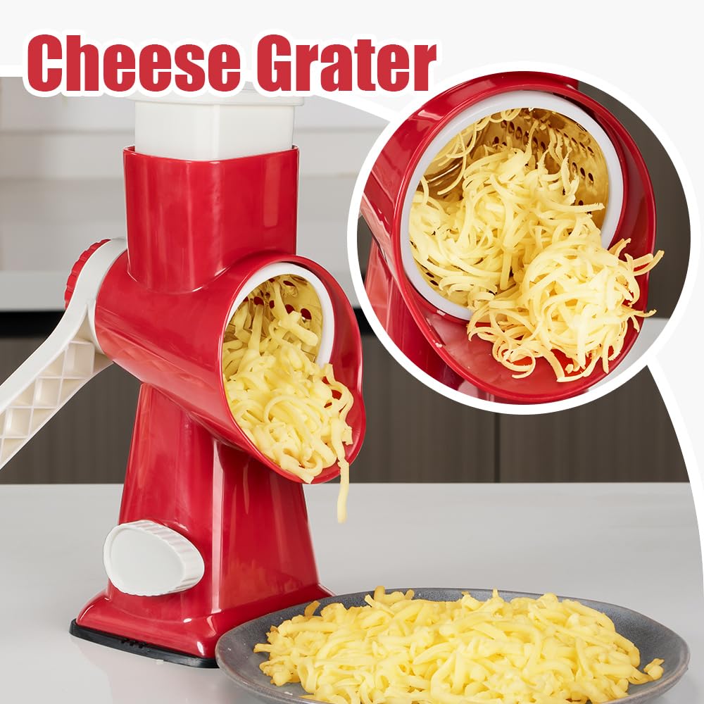EDEFISY Cheese Grater Hand Crank Rotary Vegetables Shredder with Handle, 3-in-1 Graters with Interchangeable Blades and Strong Suction Base Multifunctional Slicer for Kitchen