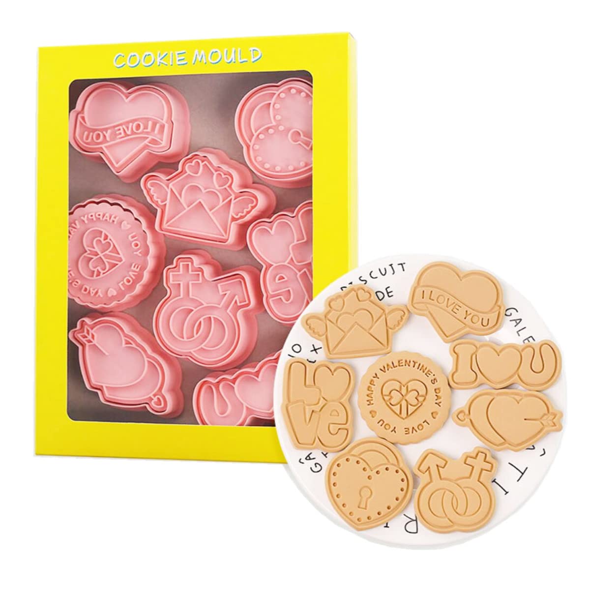 8 Pieces Valentine's Day Cookie Moulds For Baking I Love You Cookie Press Cookie Mould Set Kitchen Tools Plastic Cookie Stamps (Valentine's Day A)