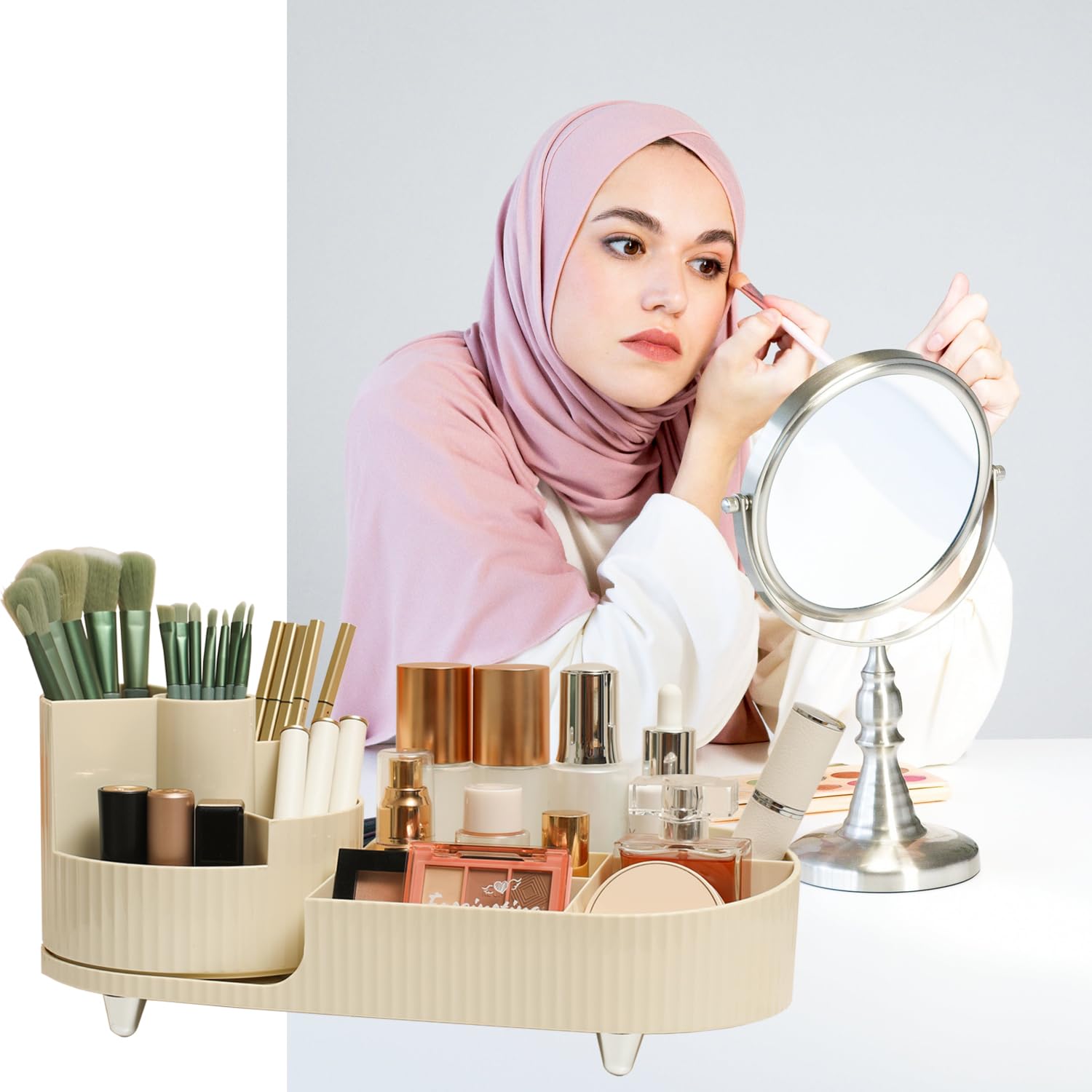 Makeup Organizer Countertop Rotating Makeup Organizer for Vanity Large Capacity Cosmetic Display Case with Makeup Brush Holder Cosmetic Organizer Countertop(Cream)