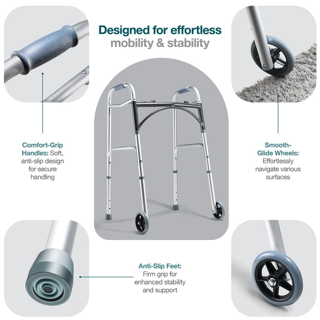 Medical King Silver Aluminum Rolling Walker for Seniors and Adults, 350 Pounds Weight Capacity, Foldable, Classic Style