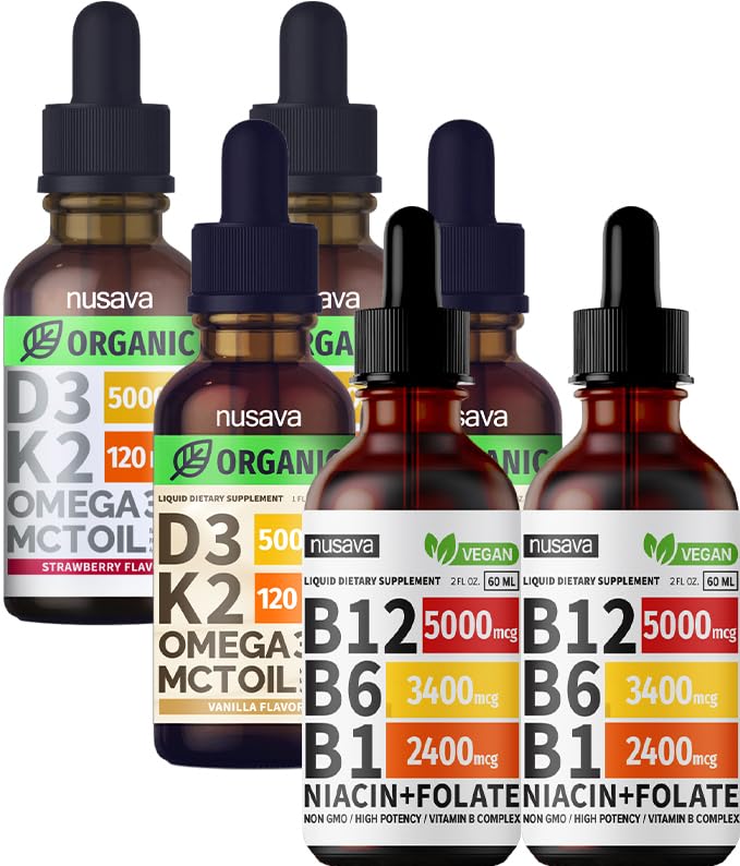 NUSAVA Vitamin B12 Liquid Drops Bundle, Strawberry Flavored D3 K2, & Vanilla Flavored D3 K2 - Potent Liquid Vitamins for Heart, Energy, Brain & Immune Support - Non-GMO, Gluten-Free, 2pk Each