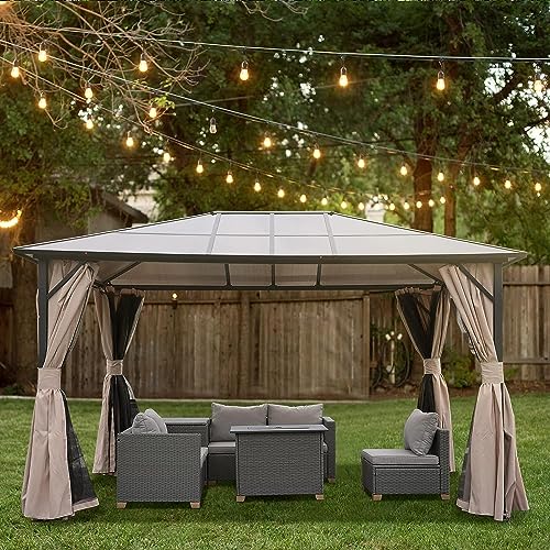Grand Patio 10'x13' Gazebo Outdoor Hardtop Polycarbonate Gazebo Canopy with Netting and Curtains for Garden, Patio, Backyard