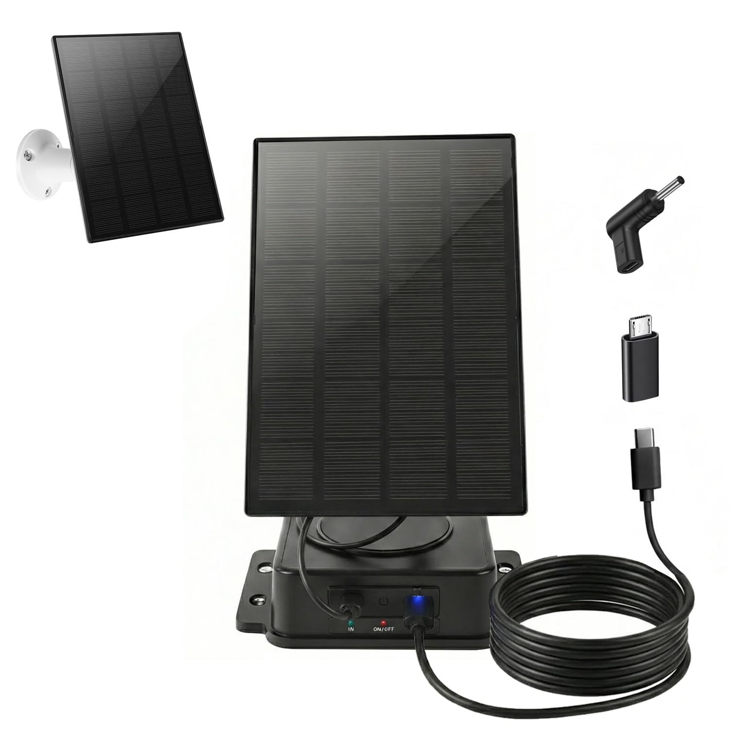 Solar Panel for Ring Camera - 5W Solar Charger with Power Pack Compatible with Most Blink Reolink Cameras Doorbell IP65 Waterproof, 10FT Cable with USB-C to Ring Barrel Plug Micro USB Adapter