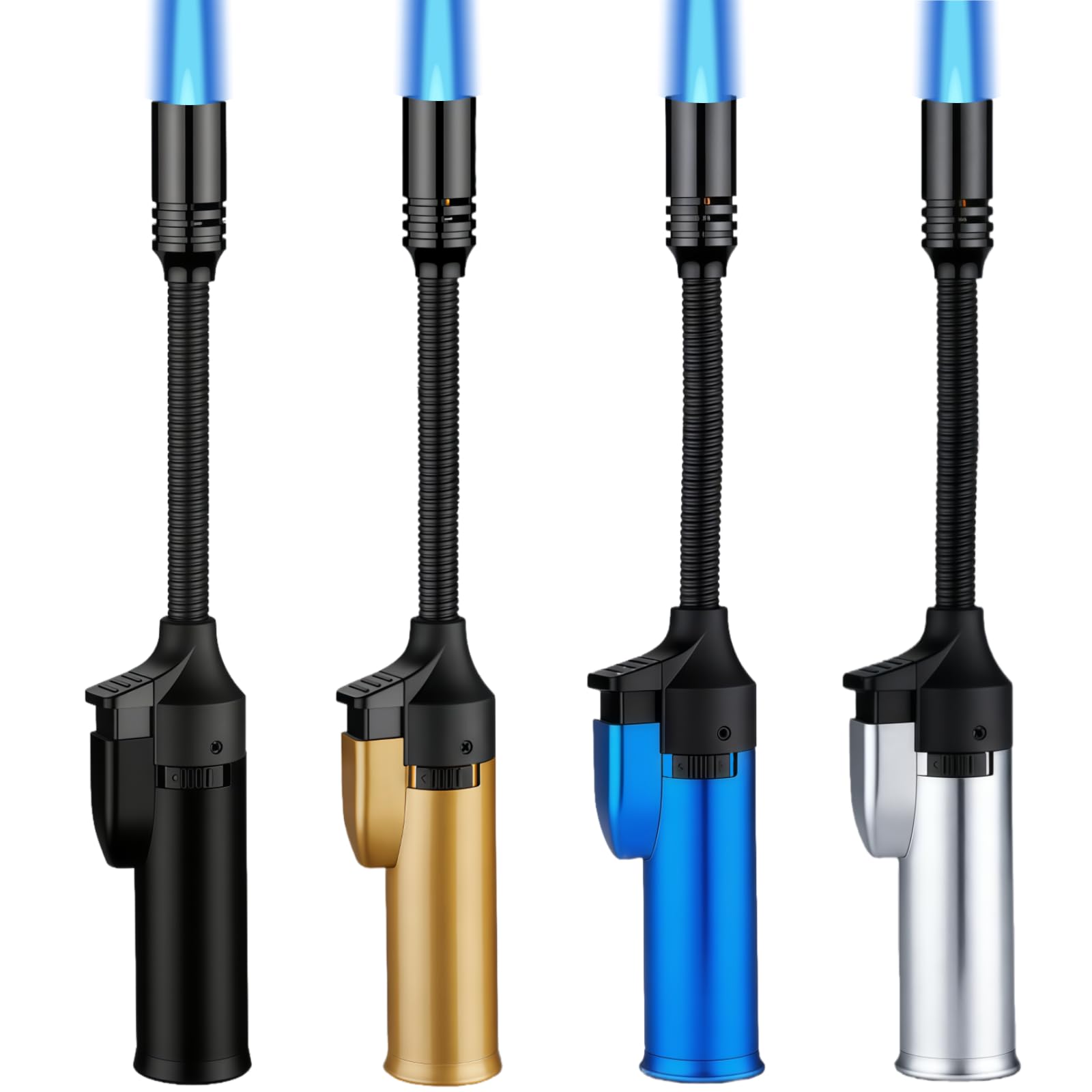 4 Pack Long Butane Torch Lighter with 360° Flexible Neck & Safety Lock, Mini Refillable Windproof Adjustable Jet Flame Butane Gas Lighter for Candle Camping BBQ Grill Fireplace (Fuel Not Included)