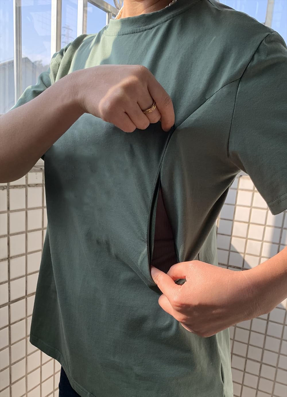 Women Maternity Shirt Comfort Colors Breastfeeding Nursing Friendly Zip Tshirt Causal Mama's Boobery Always On Tap Tops Blouse(M,Green 1)