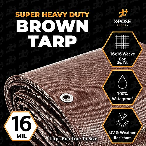 20' x 20' Super Heavy Duty 16 Mil Brown Poly Tarp Cover - Thick Waterproof, UV Resistant, Rip and Tear Proof Tarpaulin with Grommets and Reinforced Edges - by Xpose Safety