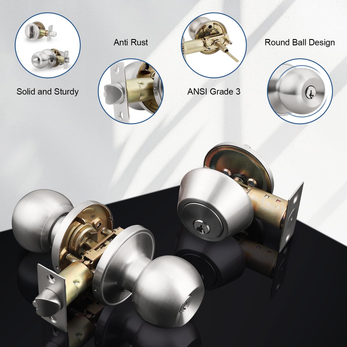 Knobonly Keyed Alike Exterior Door Knob, Round Outdoor Lock with One Sided Deadbolt, Stainless Steel, Satin Nickel Door Knobs, Silver Door Handle Sets, 6 Pack