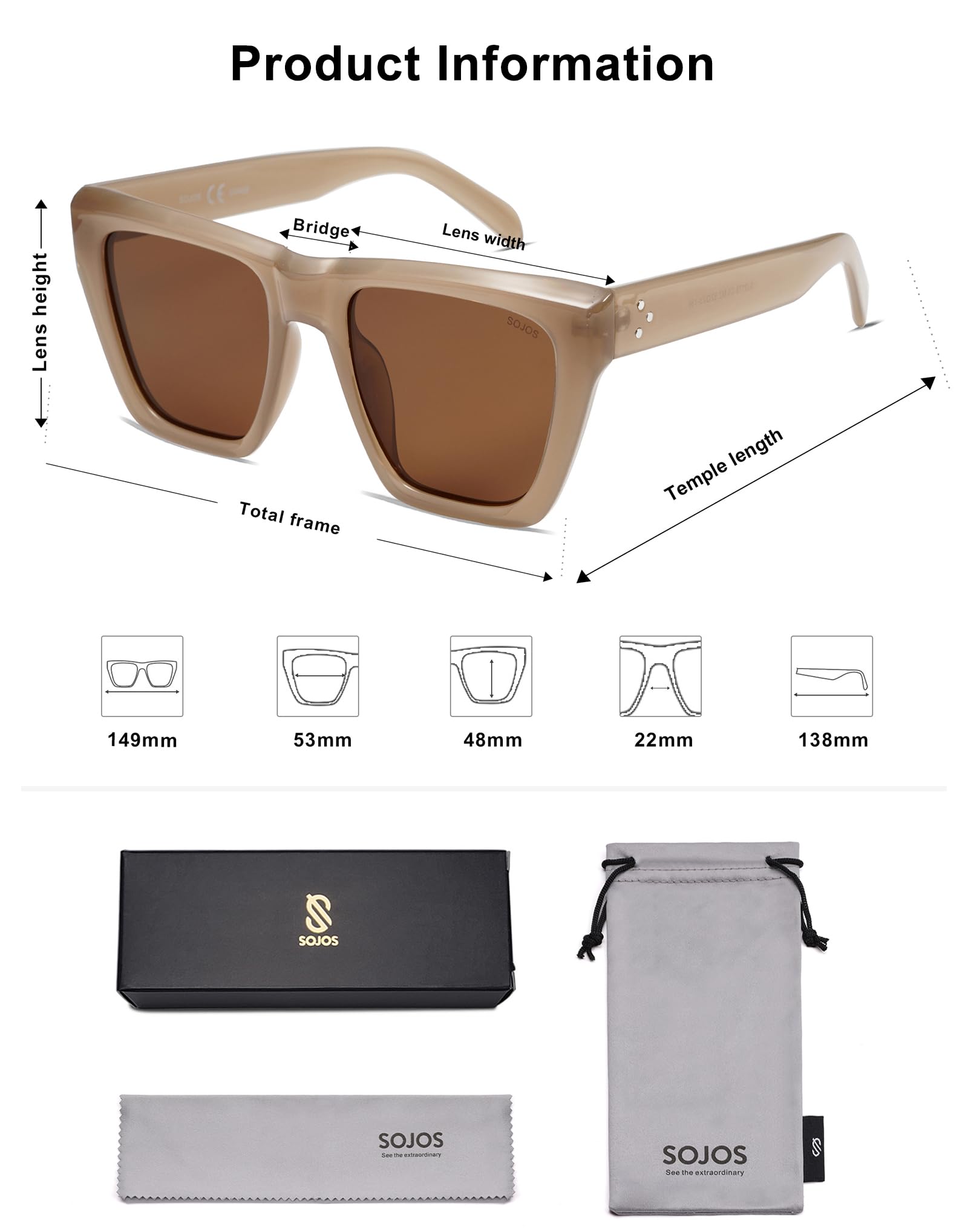 SOJOS Fashion Oversized Square Cat Eye Polarized Sunglasses for Women Trendy Cateye Style Womens Sunglasses SJ2179, Brown Frame/Brown Lens