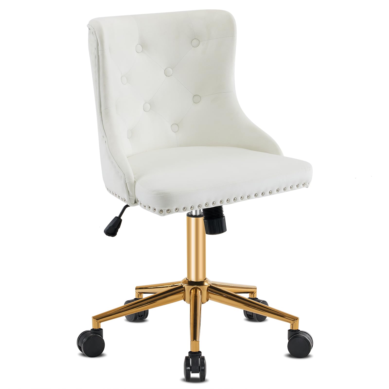 VINGLI White Velvet Armless Home Office Desk Chair with Gold Base/Wheels, Small Cute Vanity/Makeup Chair with Back for Bedroom, Upholstered Adjustable Rolling Swivel Nail Chair for Women/Girls