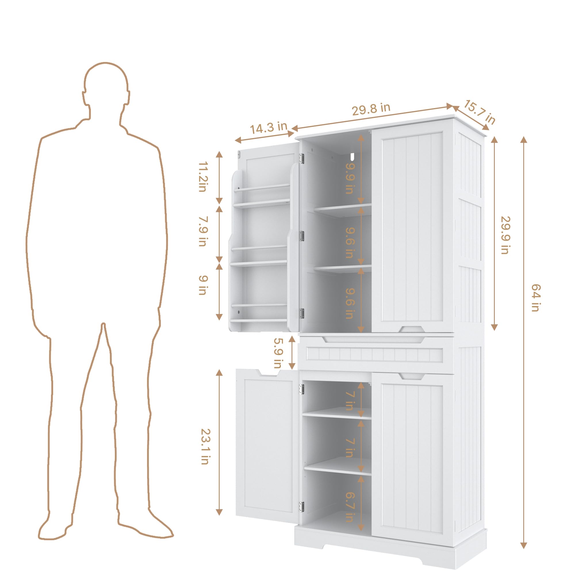 Gizoon 64" Tall Kitchen Pantry Cabinet with Doors and Shelves Large Stand Up Pantry Storage Cabinet with Drawer Large Food Cupboard for Kitchen Bathroom Craft Room, White