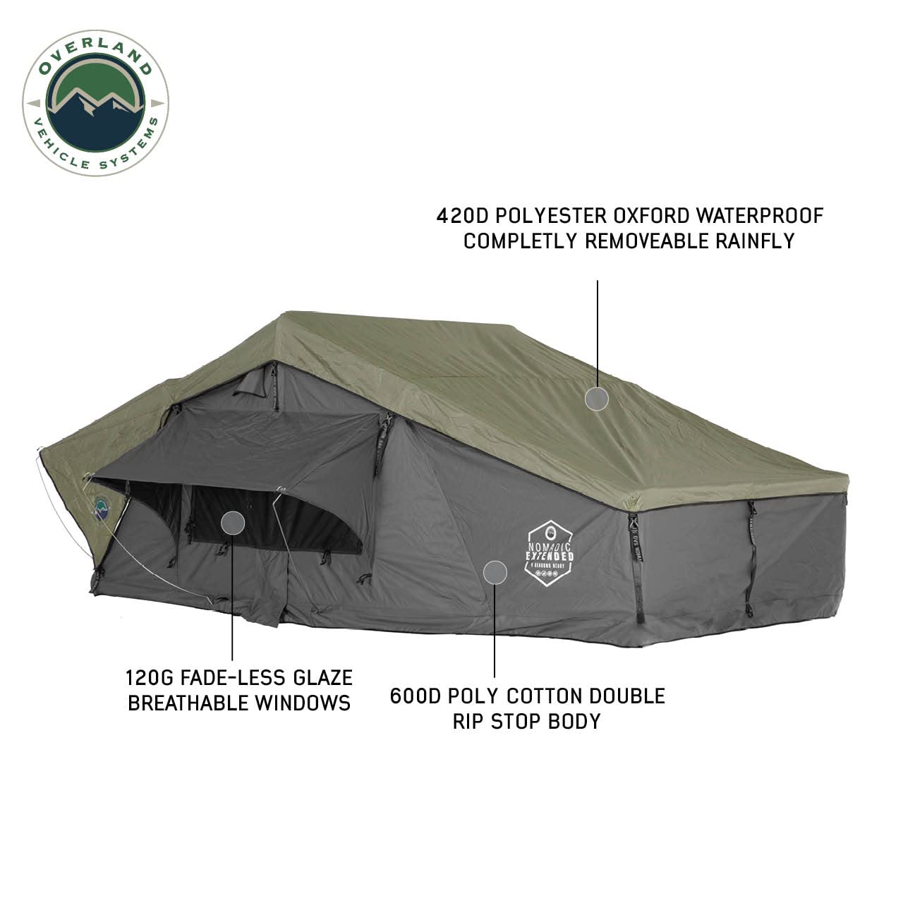 Overland Vehicle Systems HD Nomadic 3 Extended Soft Shell Roof Top Tent - Dark Gray Base with Green Rain Fly & Black 1000G PVC Travel Cover - Black Aluminum Base