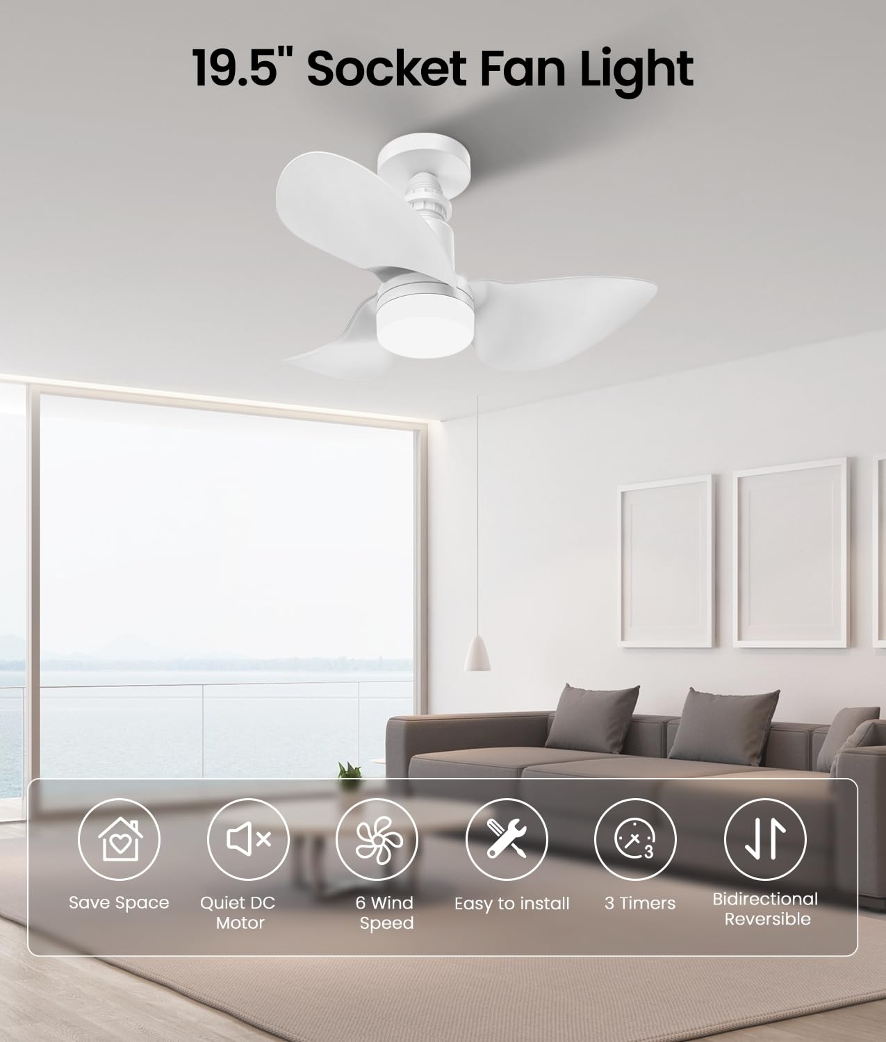 Socket Fan Light Ceiling Fans with Lights and Remote, Dimmable LED Ceiling Fan with Lights,5 Adjustable Wind Speeds 1000 Lumens Light Bulb Screw in Ceiling Fan for Bedroom Kitchen, Living Room, Closet