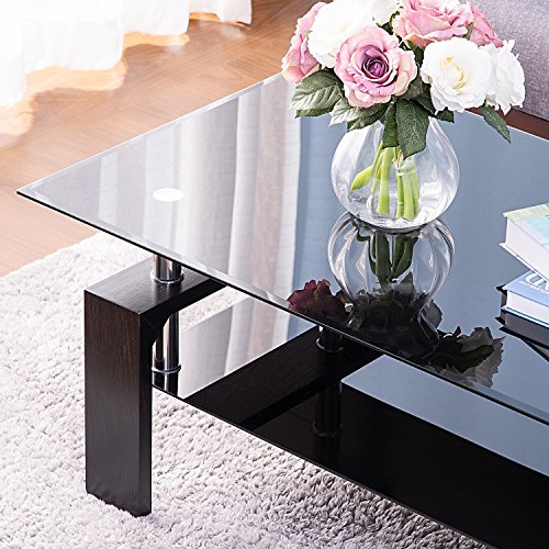 Meihua Rectangle Glass Coffee Table 2-Tier Tea Table Modern Side Coffee Table for Living Room (All Black)