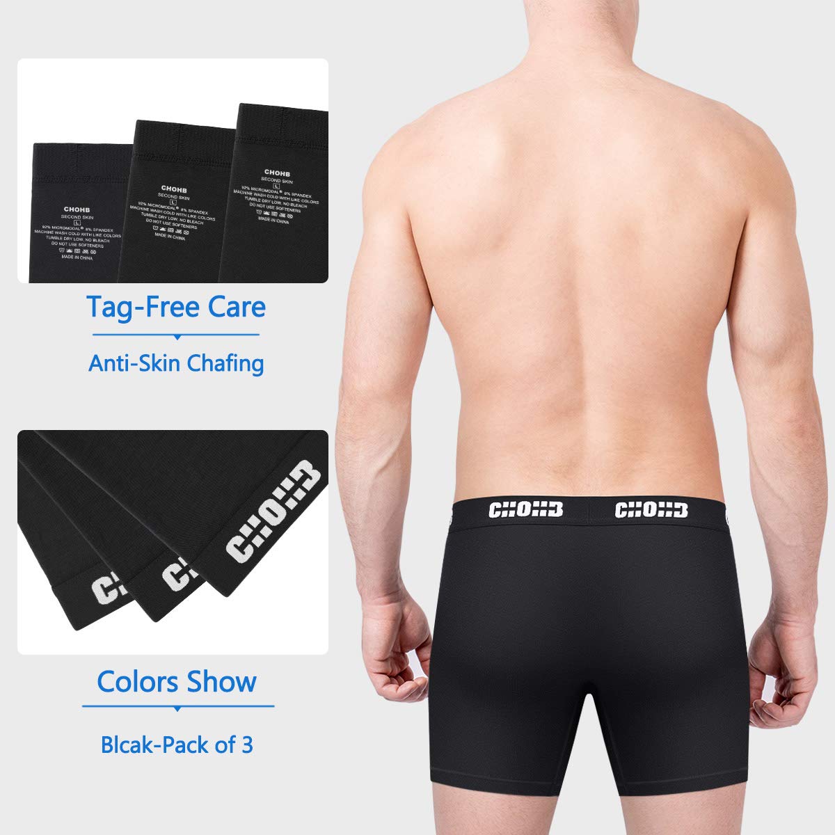 CHOHB Mens Underwear Micro Modal 3 Pack Boxer Briefs Open Fly, Black-M