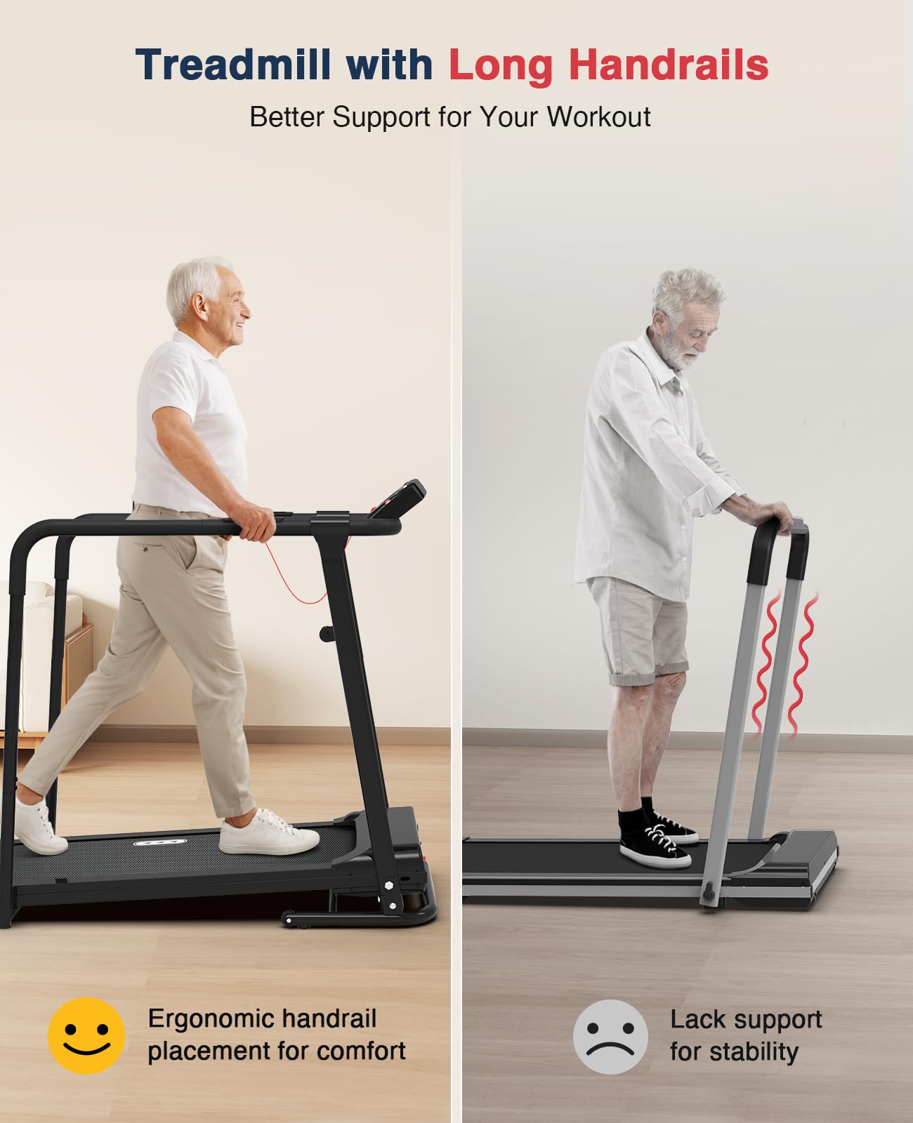 Redliro Treadmill for Seniors with Long Handrails - 300 lbs Capacity Walking Treadmill for Elderly - Recovery Machine for Home Use with Clear, Non-Scrolling Display (Black)