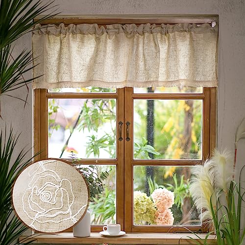 SUTAVIA Kitchen Window Valances Linen Fabric with Cotton Embroidery Floral Pattern Lace Rod Pocket Window Curtain Topper Roral Rustic Home Decor for Living Room