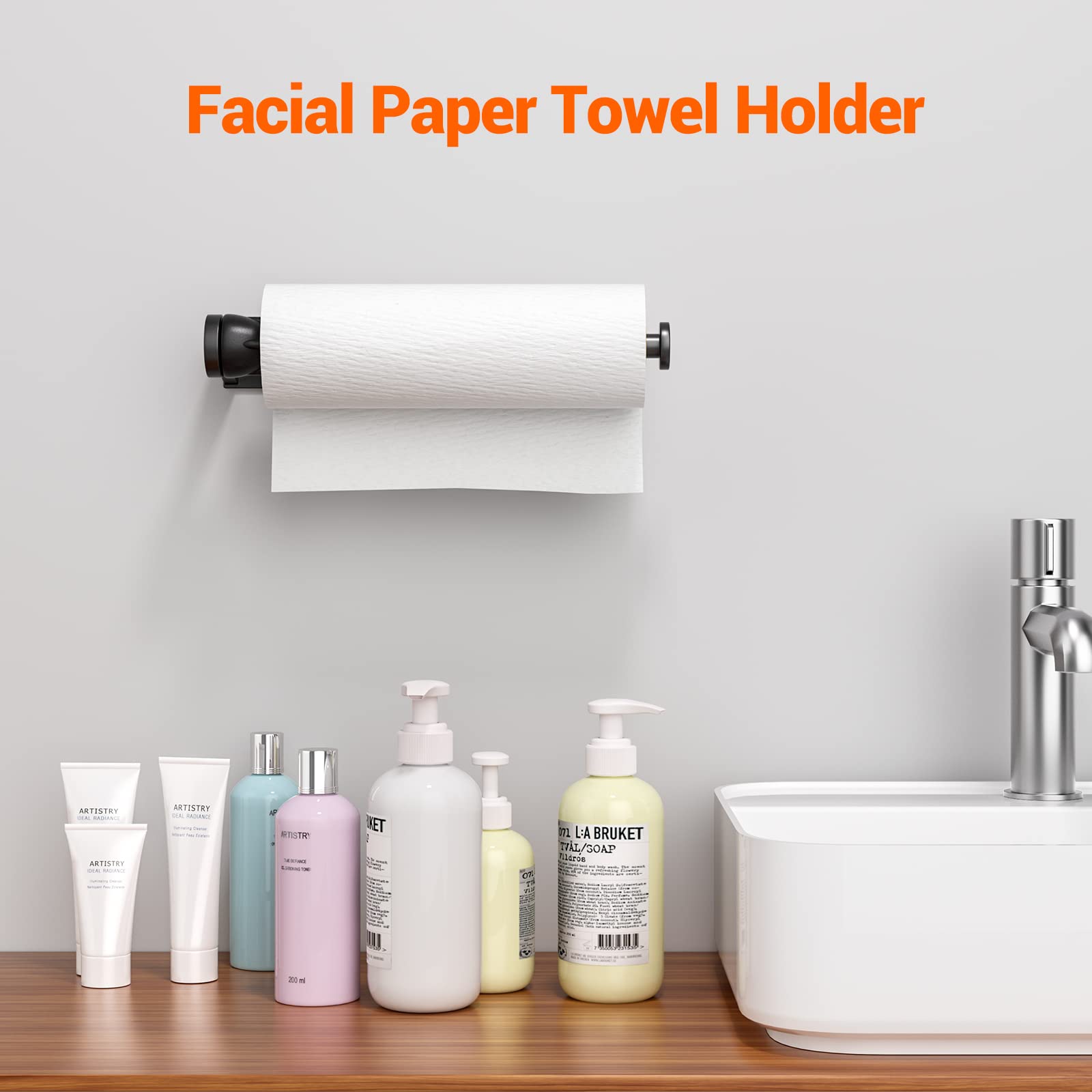 Paper Towel Holder Under Cabinet, Single Hand Operable Wall Mount with Damping Effect, Self-Adhesive or Drilled for Kitchen Bathroom, Black