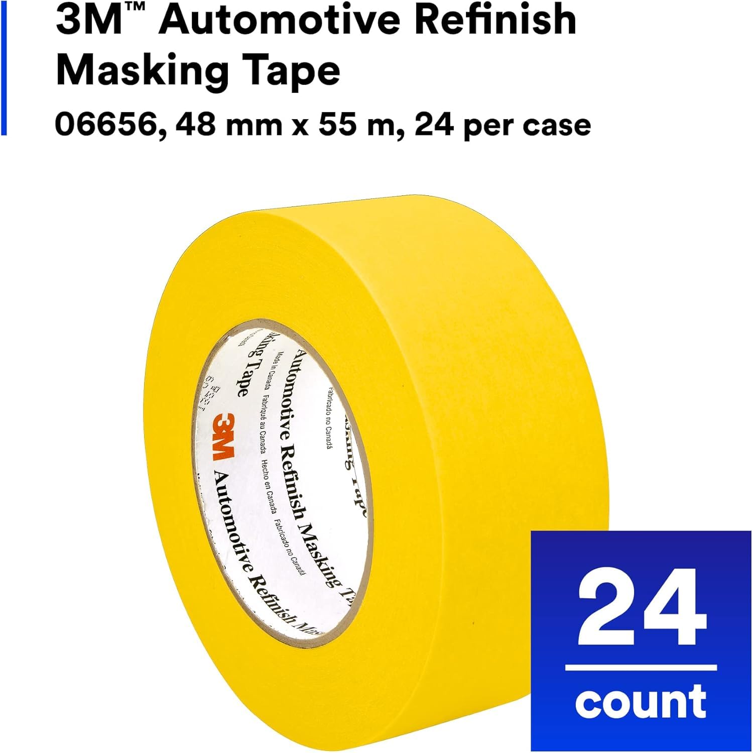 3M Automotive Refinish Masking Tape, 06656, 48 mm x 55 m, 24 Rolls – High-Performance Yellow Crepe Paper Tape for Precise Auto Painting and Detailing