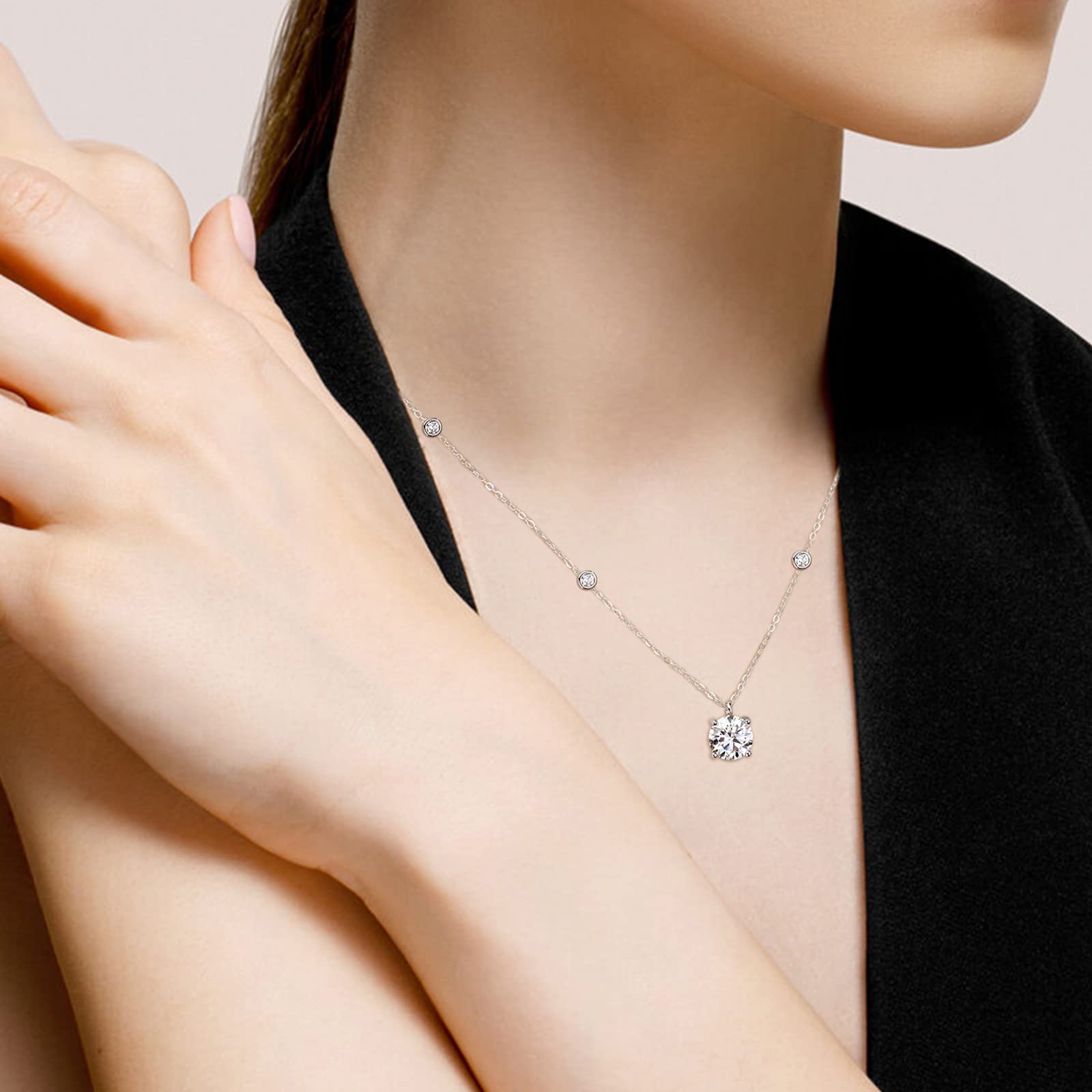 Moissanite Necklace for Women, 2 CT Moissanite Station Pendant 925 Sterling Silver Diamond Necklaces Round D Color VVS1 Clarity White Gold Plated Necklaces Gifts for Her