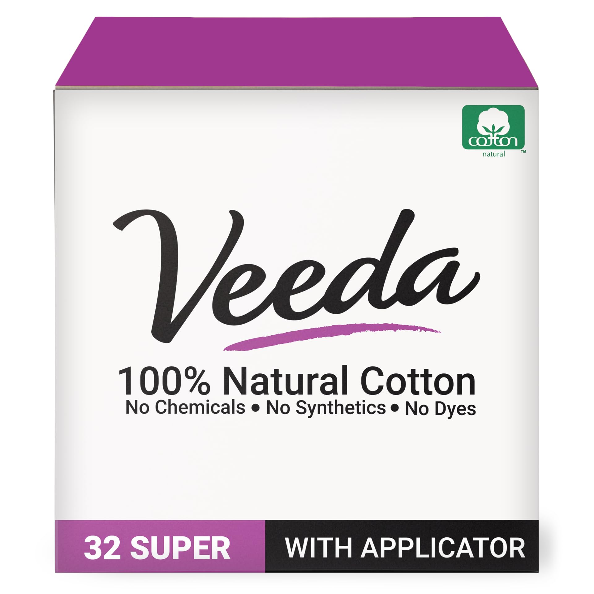 Veeda 100% Natural Cotton Tampons - Super Absorbency with Leak Proof Protection - Compact BPA-Free Applicator - Unscented & Free from Chlorine, Toxin - 32 Count
