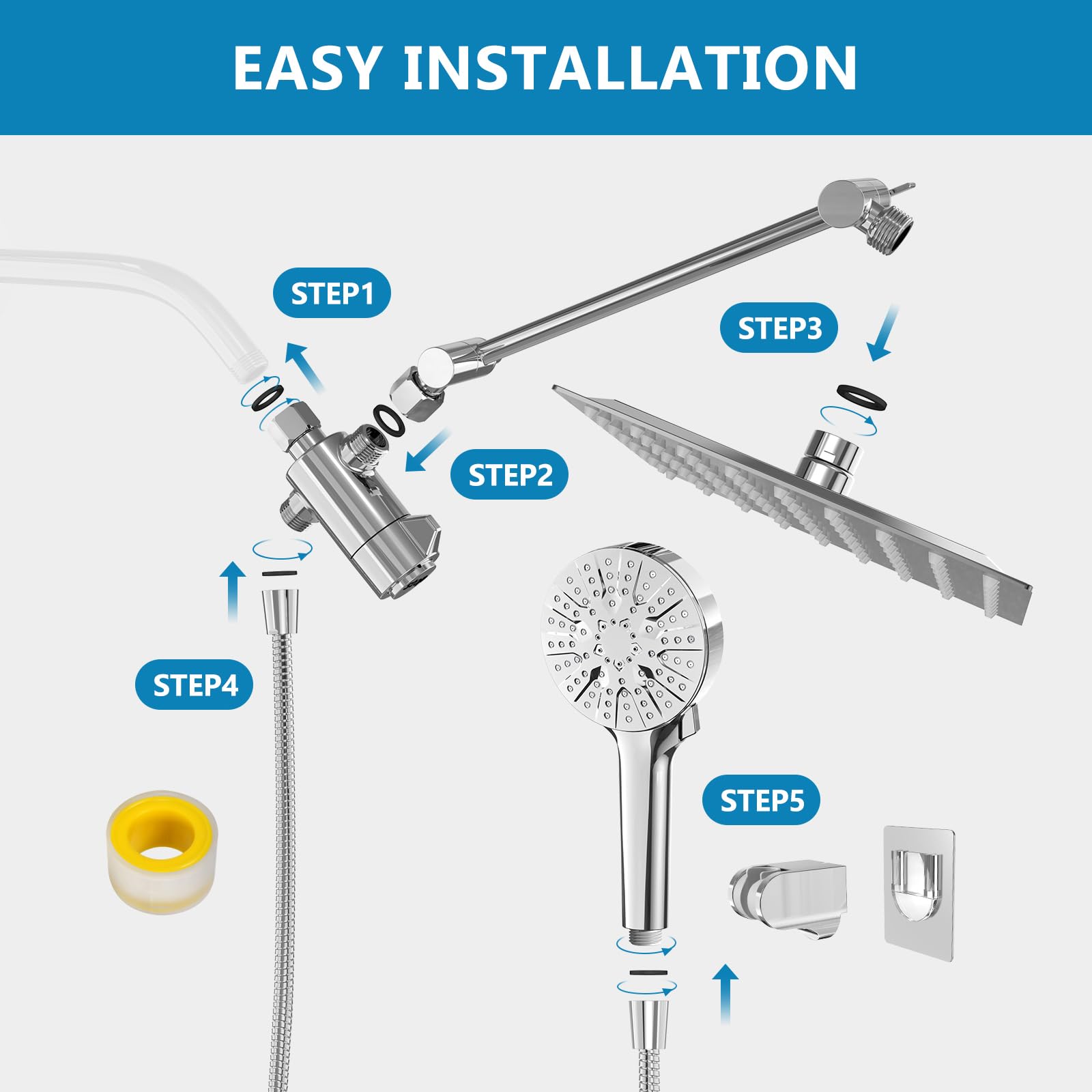 8-Inch Rain Shower Head with Handheld Spray Combo-6-Function Handheld Shower Head-3-way diverter comes with a pause setting-11-Inch Adjustable Extension Arm-59-inch stainless steel shower hose