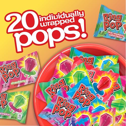 Ring Pop Individually Wrapped Back to School Bulk Lollipop Variety Party Pack – 20 Count Lollipop Suckers w/ Assorted Flavors - Fun Candy/Supplies for School Treats & Care Packages