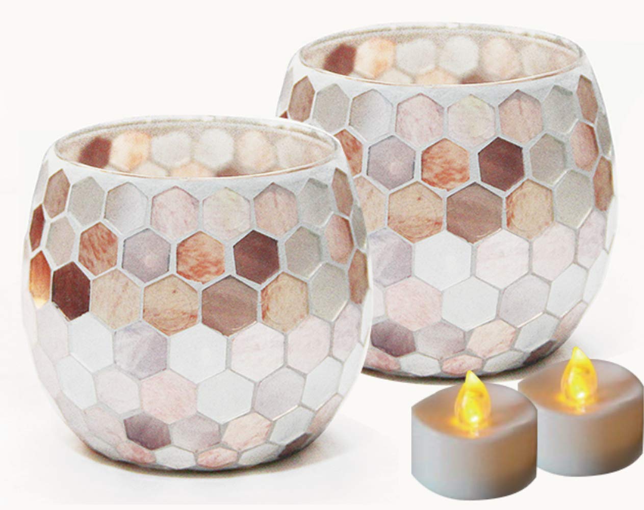 Votive Candle Holder Centerpiece, Mosaic Glass Tealight Holders for Home Decor, Table, Party Decorations, Handmade Gifts for Her, Vase for Potted Plants Bowl, Set of 2 (Shell Hive X 2)