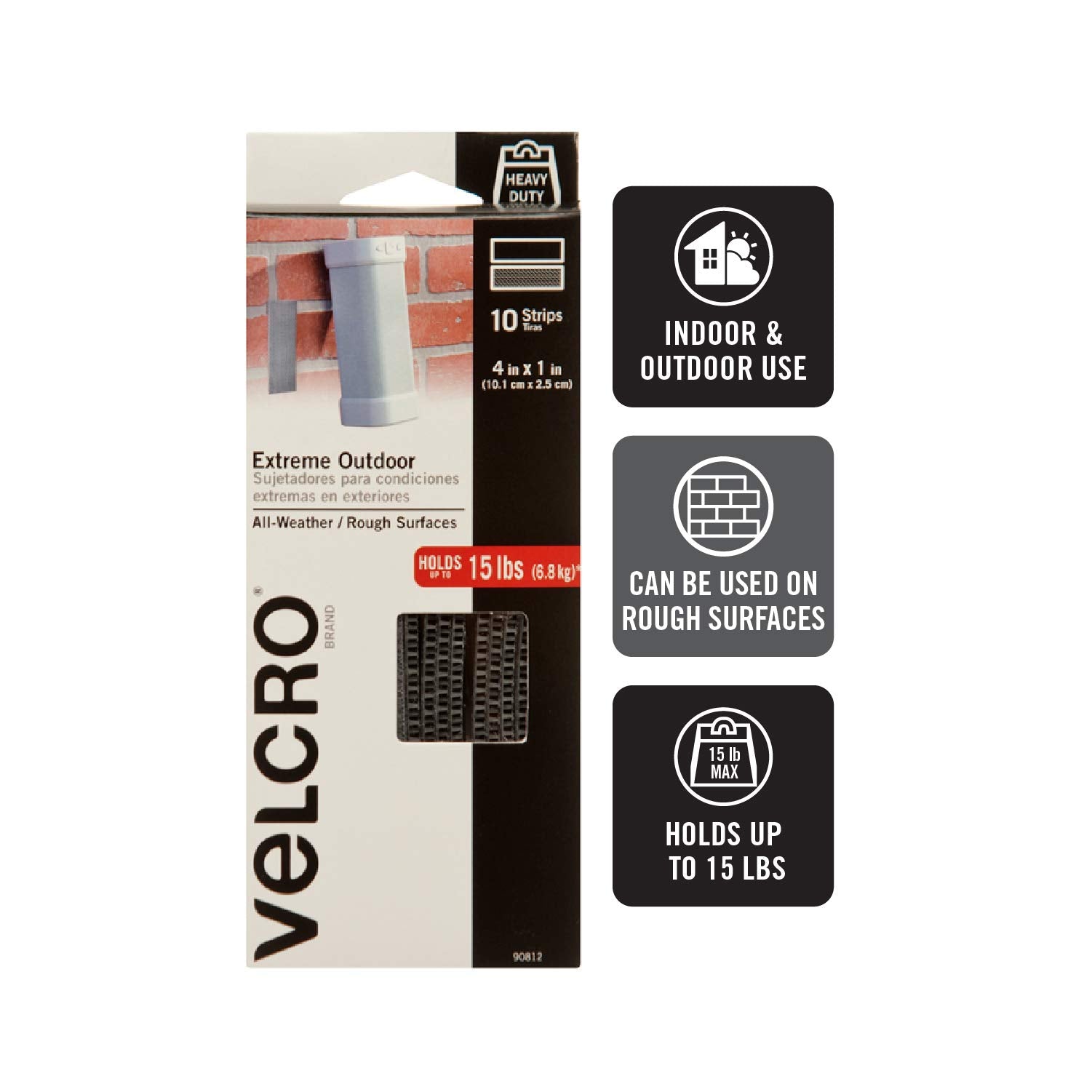 VELCRO Brand Outdoor Heavy Duty Strips | 4 x 1 Inch Set of 10 | Holds 15 lbs | Titanium Extreme Hook and Loop Tape Industrial Strength Adhesive | Weather Resistance for Rough Surfaces (90812)