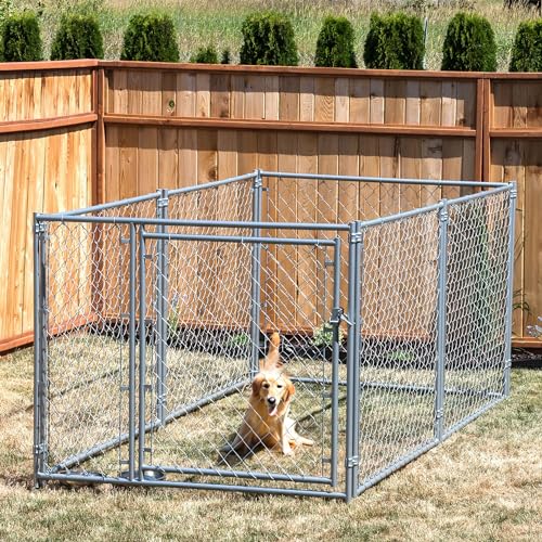 Lucky Dog Heavy Duty Outdoor Galvanized Chain Link Dog Kennel Enclosure with Latching Door, 1.5 Inch Raised Legs, and Adjustable Configuration, Silver