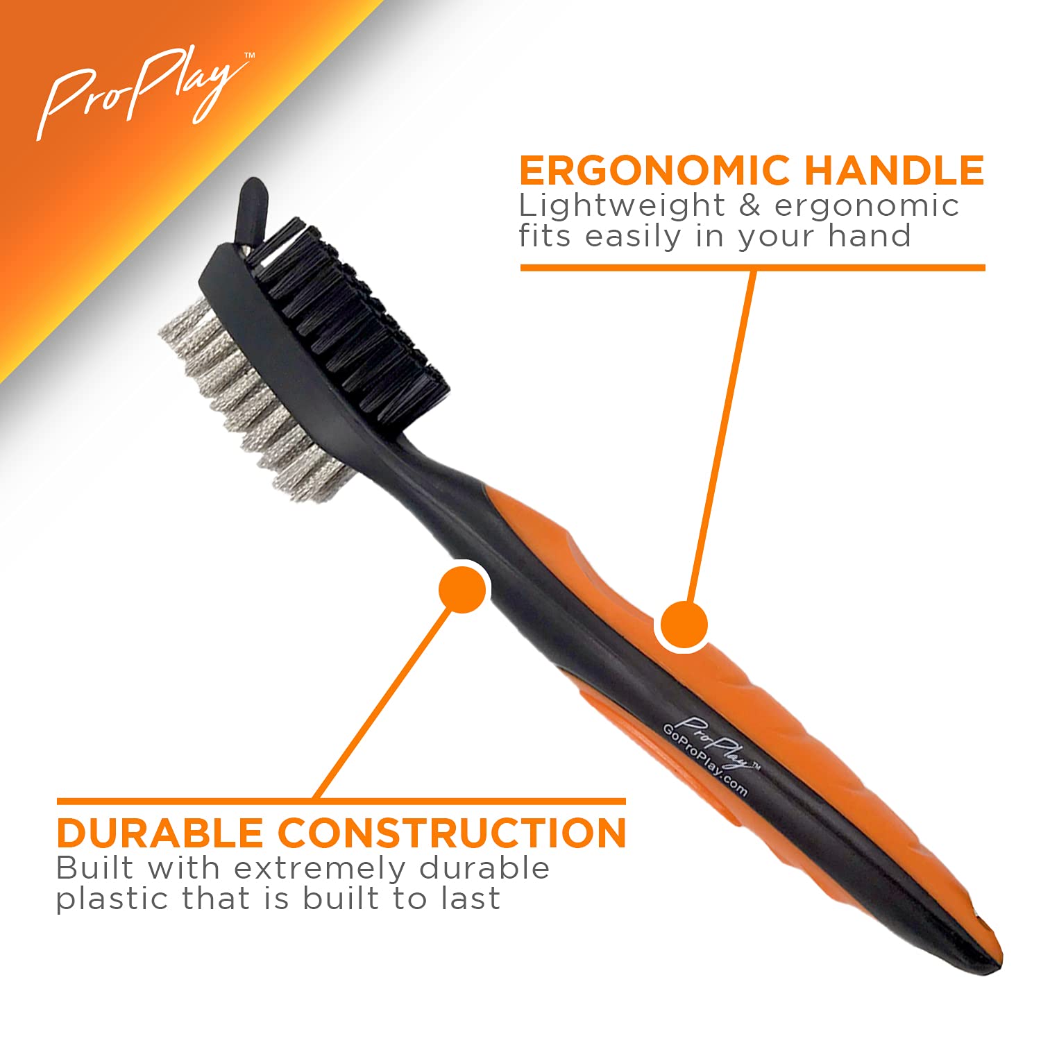 ProPlay Golf Club Brush and Groove Cleaner | Retractable Zip-line Aluminum Carabiner | Lightweight and Ergonomic Design | Easily Attaches to Golf Bag (Orange)