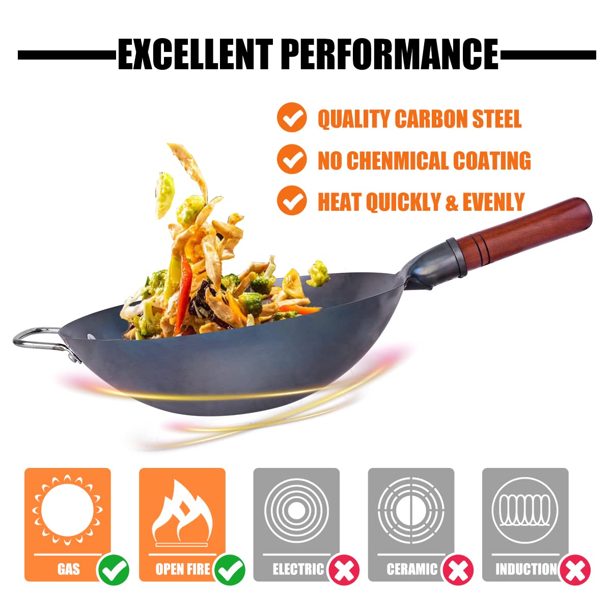 Teewe Carbon Steel Wok Traditional Hand Hammered - 13.4" Chinese Woks Round Bottom Wok Pan Set with 8 Pcs Cookware Accessories